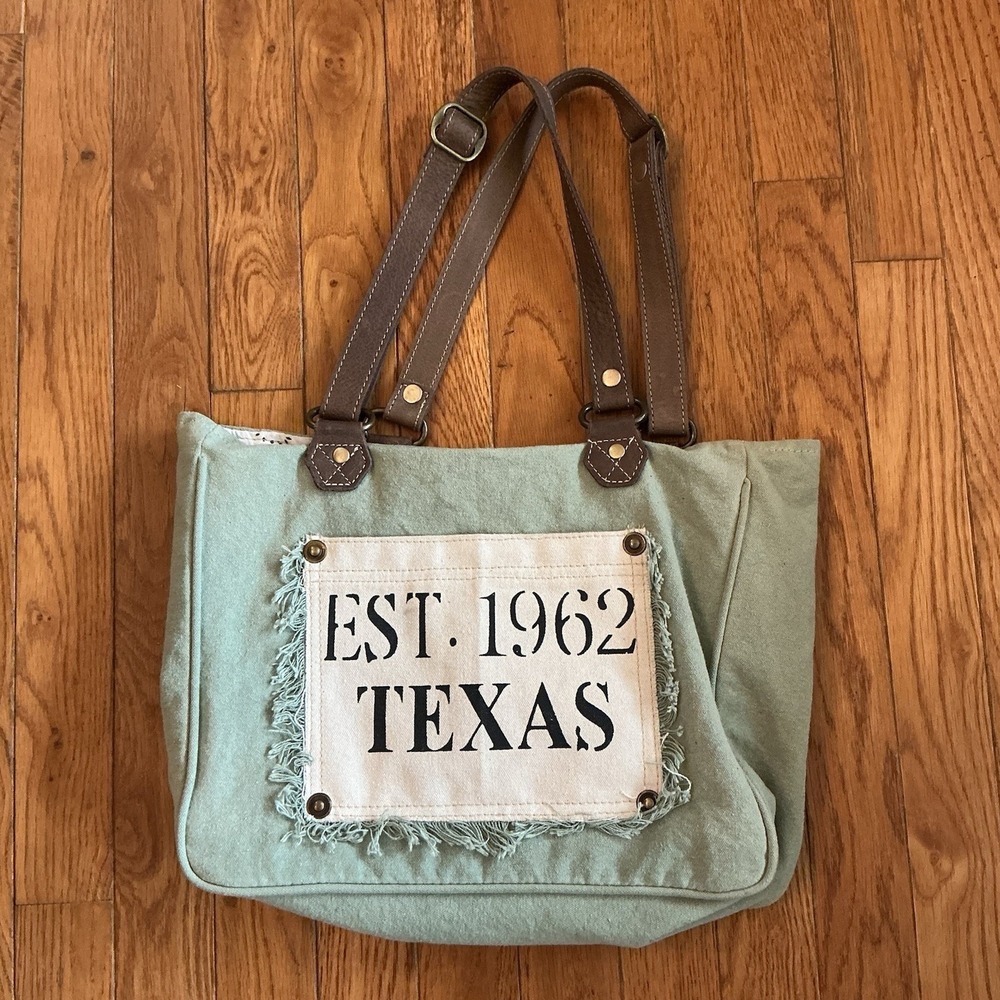 Myra Bag Turquoise Canvas Leather Texas EST. 1962 Up-cycled Tote